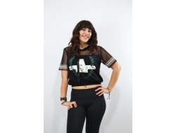 Baskılı Fileli Kapüşonlu Kadın T-Shirt Siyah Baskılı Fileli Kapüşonlu Kadın T-Shirt Siyah