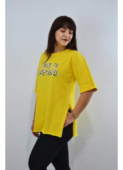 Yazı Baskılı Duble Kol Yırtmaçlı Oversize Kadın T-Shirt Sarı