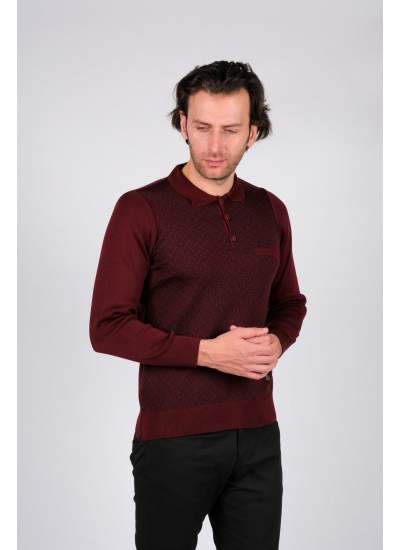 Çizgi Triko Erkek Polo Yaka Desenli Kol ve Bel Lastikli Kışlık Dokuma Triko Kazak - Bordo Çizgi Triko Erkek Polo Yaka Desenli Kol ve Bel Lastikli Kışlık Dokuma Triko Kazak - Bordo