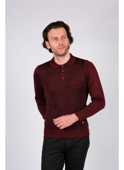 Çizgi Triko Erkek Polo Yaka Desenli Kol ve Bel Lastikli Kışlık Dokuma Triko Kazak - Bordo Çizgi Triko Erkek Polo Yaka Desenli Kol ve Bel Lastikli Kışlık Dokuma Triko Kazak - Bordo